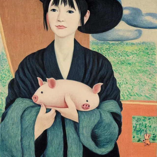 Prompt: tall emo female artist holding small portraits and piglet on a train, wearing a kimono, on yamanote line in japan, tokyo station, summer, sweat, ice coffee, pigs, octopus, acrylic on canvas, surrealist, by magritte and monet