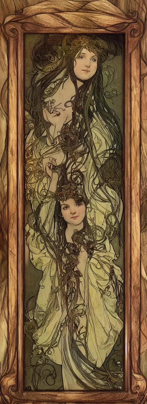 Image similar to an art nouveau wood screen picture frame by brian froud and alphonse mucha distressed wood patine painting concept cinematic lighting Gaudi