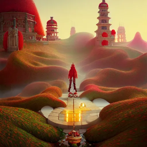 Image similar to infinite final fantasy candyland landscape fall god temple, moody, warm tones : : wes anderson, roger dean, sophie anderson, esao andrews : : ornate, dynamic, particulate, intricate, elegant, highly detailed, centered, artstation, smooth, sharp focus, octane render, 3 d