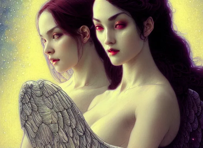 Image similar to portrait of demonic woman and angelic woman, confident pose, pixie, genshin impact, intricate, elegant, sharp focus, soft bokeh, illustration, highly detailed, concept art, matte, trending on artstation, bright colors, art by wlop and artgerm and greg rutkowski, mucha, giger, marvel comics