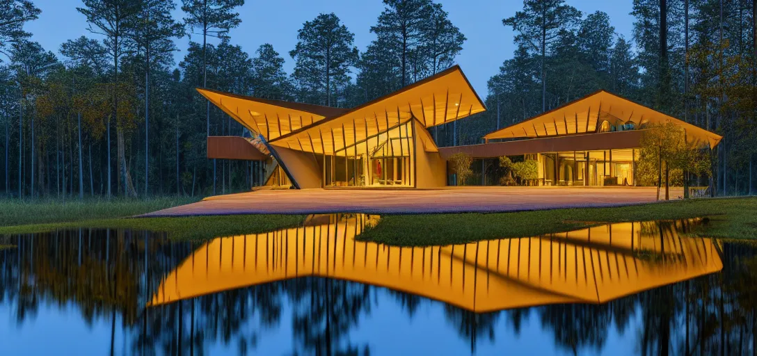 Image similar to faceted roof planes lift and descend creating shade and architectural expression, house, highly detailed, situated in the forest, next to a highly reflective lake, at dusk, vivid color, 4 k photography, mist, architecture luxury