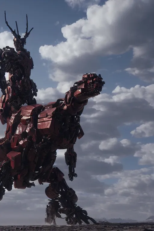 Image similar to a cinematic still from Westworld, red mech, armored core, octane render, nvidia raytracing demo, masterpiece