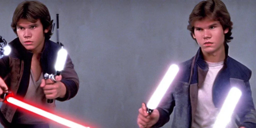 Image similar to a full color still of a teenaged Han Solo holding a lightsaber hilt during a sci-fi battle, cinematic lighting, 1999, directed by Steven Spielberg, 35mm