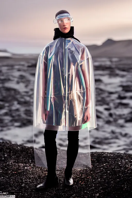 Image similar to an ultra high definition professional high fashion portrait studio full length photograph of a model wearing a transparent pearlescent raincoat and neon visor in an icelandic black rock environment at dawn. no artefacts. extremely detailed. stark. refraction. shallow depth of field. volumetric light and shadow. ray tracing. light rays.