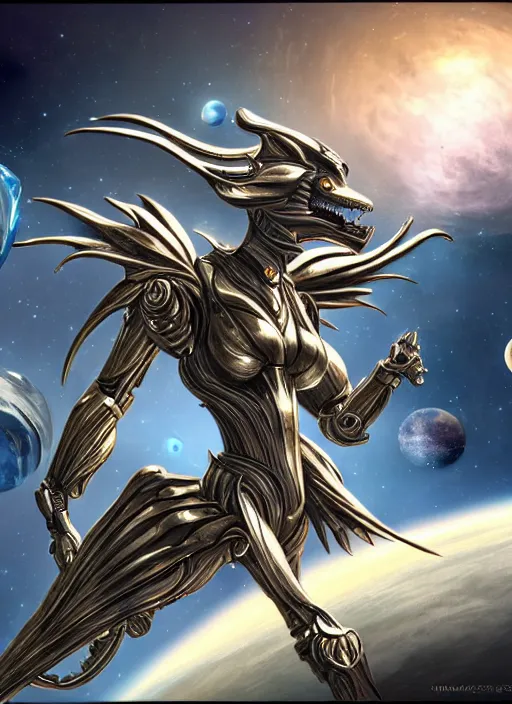 Image similar to goddess shot, galactic sized stunning beautiful anthropomorphic robot mecha female dragon, in space, larger than planets, posing elegantly, holding earth in sharp claws, detailed silver armor, epic proportions, epic scale, ultra detailed digital art, furry art, macro art, dragon art, giantess art, warframe fanart, furaffinity, deviantart, realistic