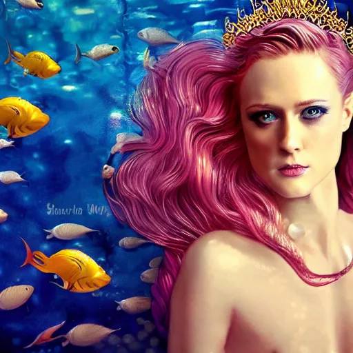 Prompt: evan rachel wood portrait, fantasy, mermaid, hyperrealistic, game character, underwater, highly detailed, sharp focus, cinematic lighting, pearls, glowing hair, shells, gills, crown, water, highlights, starfish, jewelry, realistic, digital art, pastel, magic, fiction, ocean, king, colorful hair, sparkly eyes, fish, heroic, goddess, waves, bubbles, queen