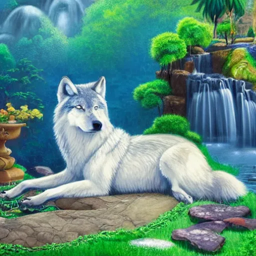 Prompt: a wolf meditating in a zen garden with a waterfall by lisa frank and greg rutkowski, oil on canvas, 8k resolution