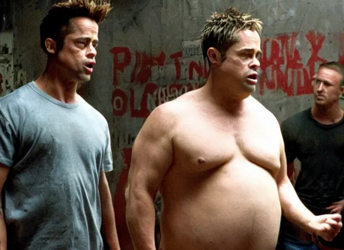 Prompt: film still of Brad Pitt as fat!!!! Robert Paulson!!!! in Fight Club