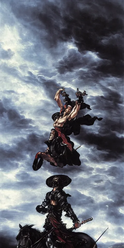 Image similar to spanish police arresting donquixote during a stormcloud with dramatic airbrushed clouds over black background by Luis royo and Caravaggio airbrush fantasy 80s, realistic masterpiece