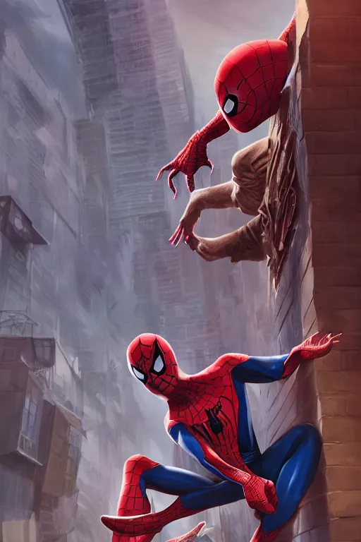 Prompt: hyperrealistic spiderman combined with a real spider by artgerm, tooth wu, dan mumford, beeple, wlop, rossdraws, james jean, marc simonetti, artstation giuseppe dangelico pino and michael garmash and rob rey and greg manchess and huang guangjian and makoto shinkai