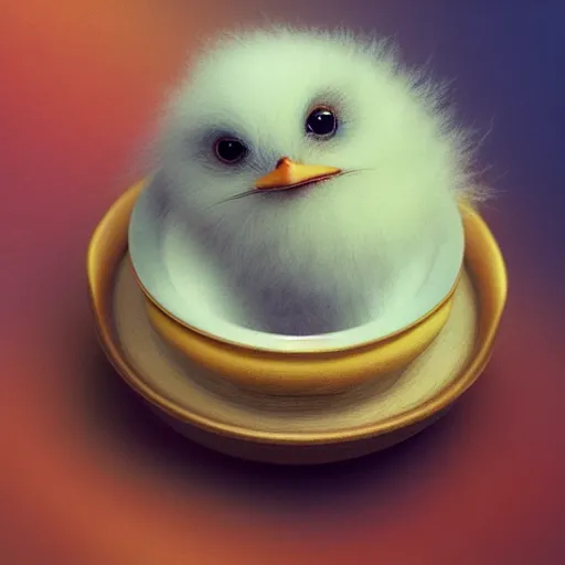 Image similar to long shot of a cute fluffy furry chick nesting in a japanese tea cup, by esao andrews, by m. w. kaluta, humorous illustration, hyperrealistic, tilt shift, warm colors, night scenery, low light, 3 d octane render, 4 k, volumetric lights, smooth, cosy atmosphere, conceptart, hyperdetailed, trending on deviantart