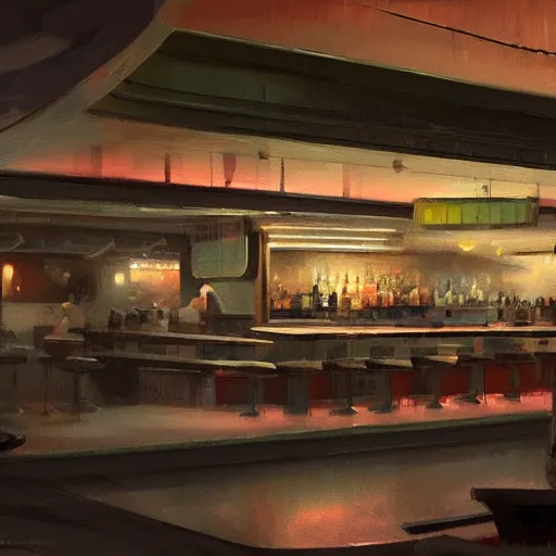 Prompt: Bar. Night. Midcentury architecture. Cinematic. Matte painting in the style of Craig Mullins. Concept art. Trending on Artstation - w 1216