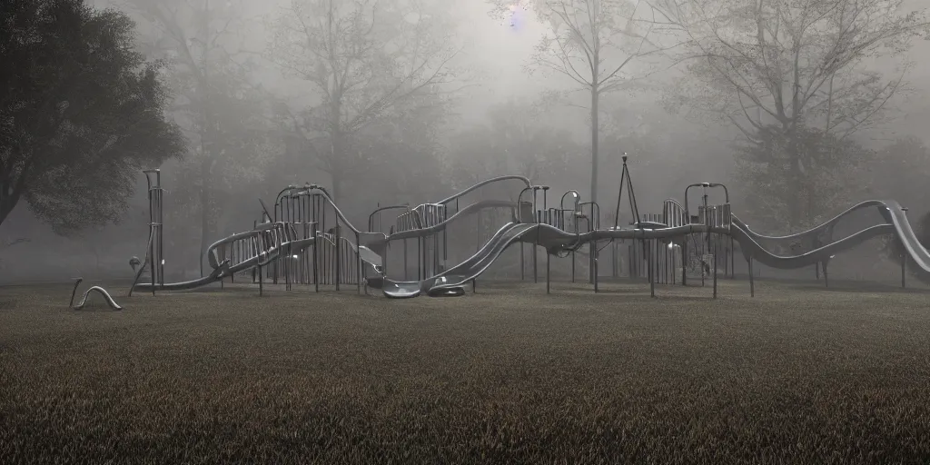 Prompt: foggy spooky play ground with swings and slides at night, dark, haunted by ghosts of children, 3d art, octane render, 6K award winning
