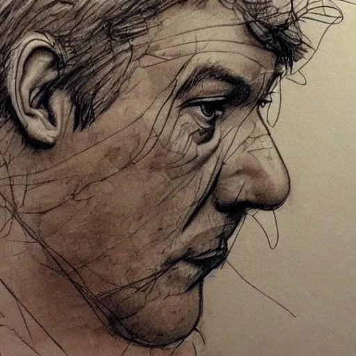 Prompt: a realistic yet scraggly portrait sketch of the side profile of a stern and sophisticated young david gilmour, trending on artstation, intricate details, in the style of frank auerbach, in the style of sergio aragones, in the style of martin ansin, in the style of david aja, in the style of mattias adolfsson