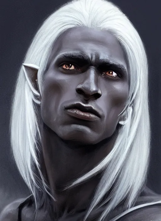 Image similar to a portrait of a drow elf male, long length slick white hair, dark charcoal skin, relaxed eyebrows, handsome, smooth skin, young adult in with late twenties, raised eyebrows, pointed chin, charcoal color skin, style by donato giancola, wayne reynolds, jeff easley dramatic light, high detail, cinematic lighting, artstation, dungeons and dragons
