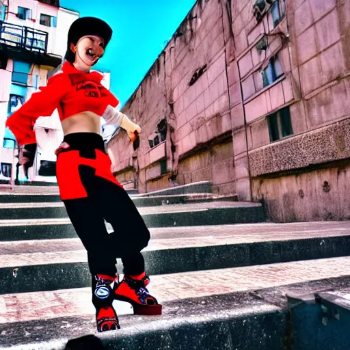 Prompt: Jet Set Radio, Teenage girl, French girl, black beret, black beret with a red star, black shirt with red star, black leather shorts, parkour, freerunning, rollerblading, rollerskates, city on a hillside, colorful buildings, futuristic city