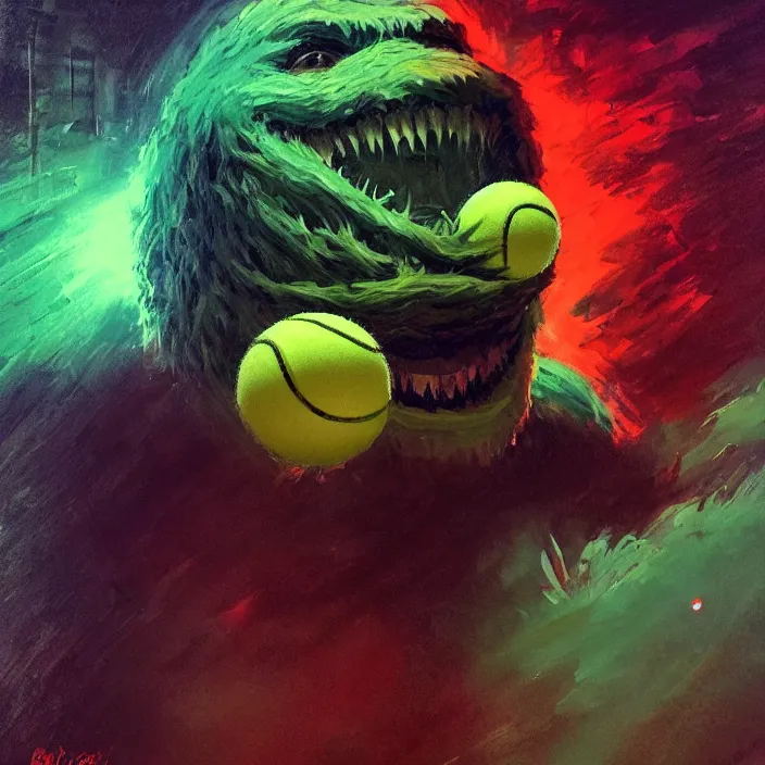 Image similar to cinematic portrait of a tennis ball monster in the abyss of space, chalk, masterpiece, trending on artstation, featured on pixiv, cinematic composition, dramatic pose, beautiful lighting, sharp details, hyper-detailed, HD, HDR, 4K, 8K, art by Basil Gogos