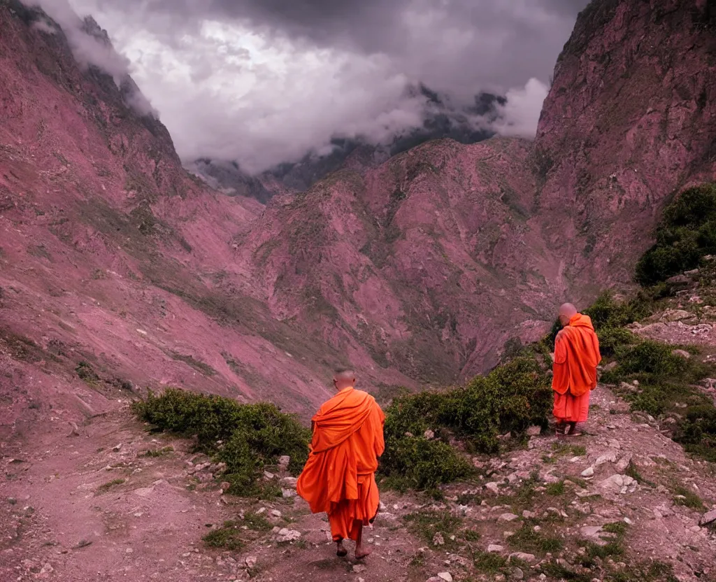 Image similar to a pink monk wandering trough the mountains looking at the clouds very detailed focused photography cinematic lighting by martin parr