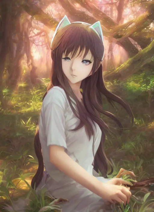 Image similar to anime girl with cat ears as a forest goddess, gorgeous face, anime style, digital art, by makoto shinkai, by wenjun lin, perfect shading