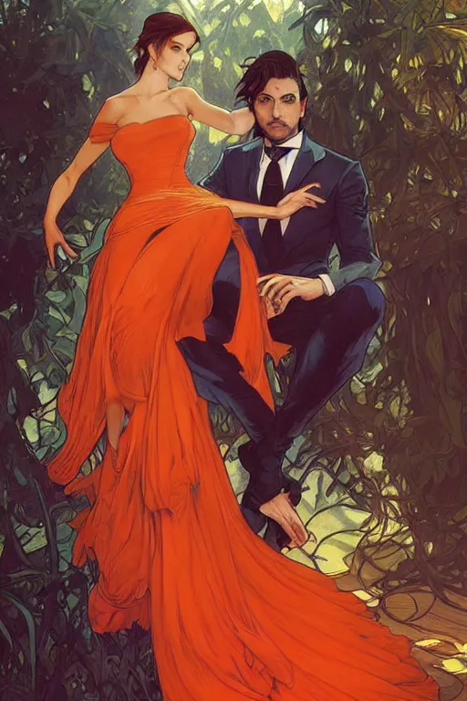 Image similar to man in orange shirt fastens beautiful dress of his spouse before going to exquisite gala art by artgerm and greg rutkowski and charlie bowater and magali villeneuve and alphonse mucha