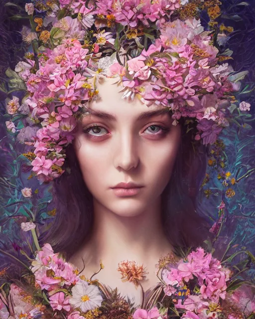 Image similar to symmetrical portrait of a 2 5 year old girl, surrounded by flowers by karol bak, james jean, tom bagshaw, rococo, sharp focus, trending on artstation, cinematic lighting, hyper realism, octane render, 8 k, hyper detailed.