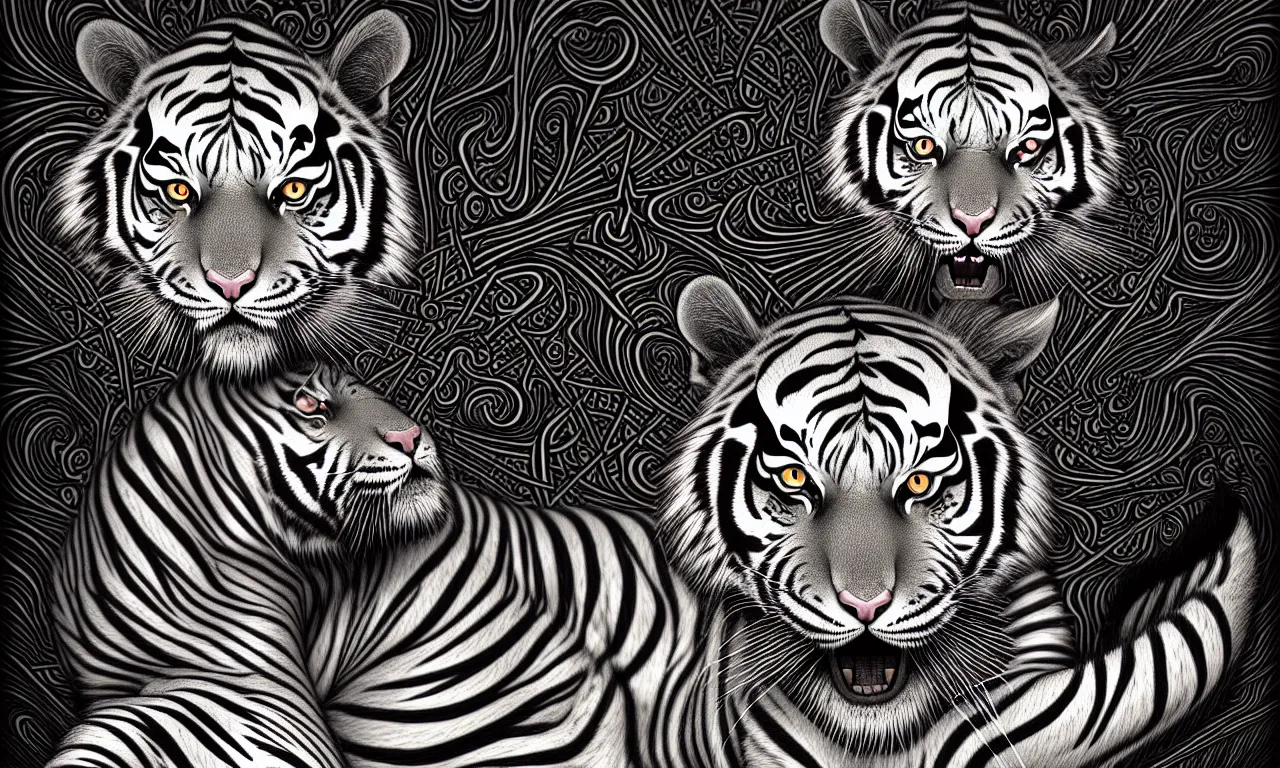 Image similar to a wonderful digital art of a magical tiger, elemental cat, sequential feline, interdimensional galactic fractal mathematics just for practice in the style of junji ito and escher, psytrance and giger, artstationhq, magic realism, 8 k, ornate, detailed