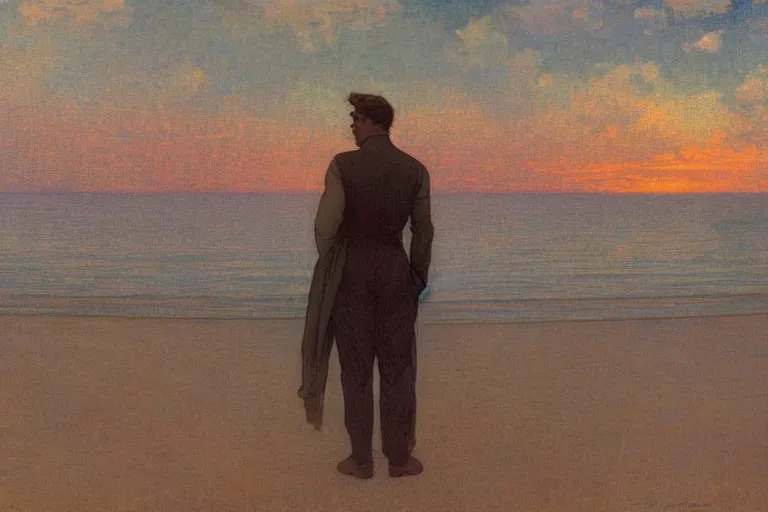 Image similar to a matte painting of a man watching the sunset by the beach, by alphonse mucha, muted colors