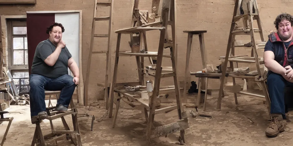 Prompt: johnny vegas sitting on top of a ladder making a giant clay teapot, art school, studio, photorealistic