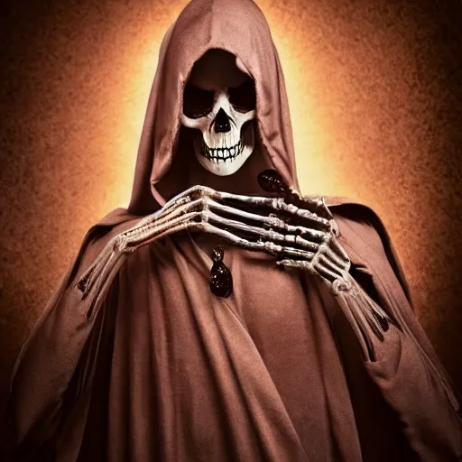 Image similar to cinematic shot epic portrait skeleton wearing a dark robe holding flowers crying, hyper realistic, mood lighting, fantasy, detailed face, highly detailed, super realistic, perfect lighting