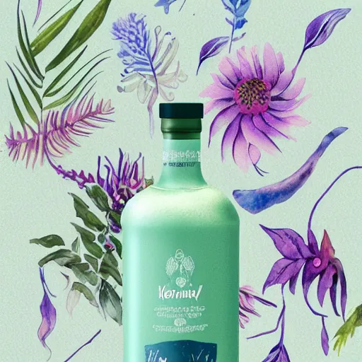 Image similar to water colour botanical designs, illustration, pastel colours, smooth, magical painting, gin packaging design, front label, packaging of the world, behance