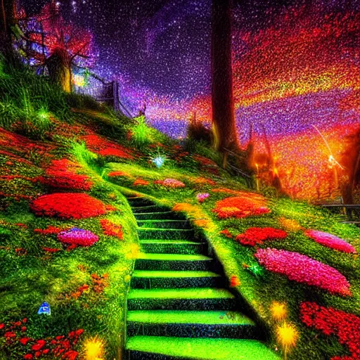 Prompt: Magic Fantasy Art Scape Beautiful Colorful Vibrant Depth of field Winding Stairs Leading up Fairy Tree House covered in flowers and fireflies twinkling in the dusk Cinematic Epic View HDR