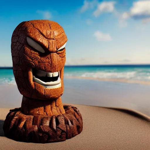 Image similar to a closeup photorealistic photograph of ben grimm's face on a tiki mug at a trader vic's beach bar. fantastic four. tiki culture. bright scene. fine detail. this 4 k hd image is trending on artstation, featured on behance, well - rendered, extra crisp, features intricate detail, epic composition and the style of unreal engine.