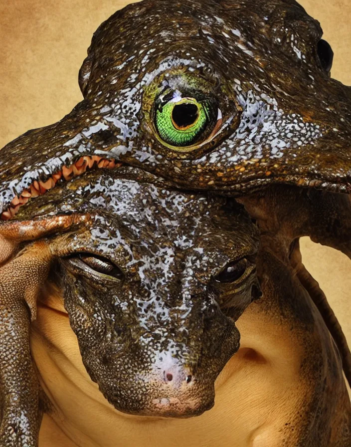 Prompt: high resolution photo portrait of muscular animal human merged head dolphin snake goat skin ears, background removed, scales skin frog dog rat, alligator cat merged bird head cow, chicken face morphed fish head, gills, horse head animal merge, morphing dog head, animal eyes, merging crocodile head, anthropomorphic creature