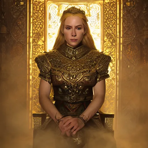 Image similar to the elder scrolls vi, charismatic regal blonde female jarl, portrait, exquisitely designed throne room, atmospheric lighting, painted, intricate, volumetric lighting, beautiful, daytime, slightly sunny weather, sharp focus, deep colours, ultra detailed, by leesha hannigan, ross tran, thierry doizon, kai carpenter, ignacio fernandez rios