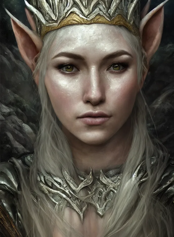 Image similar to a closeup portrait of an elven queen from skyrim wearing white mithril armor, fantasy setting, forest environment, serene colors, soft lighting, atmospheric, cinematic, moody, in the style of diego koi, gina heyer, luiz escanuela, art by alyssa monk, depth, hyperrealism, rule of thirds, golden ratio, oil on canvas, 8 k