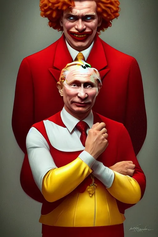 Image similar to vladimir putin as ronald mcdonald, 2 d portrait, symmetrical, highly detailed, digital painting, artstation, concept art, smooth, sharp focus, illustration, cinematic lighting, art by artgerm and greg rutkowski and alphonse mucha