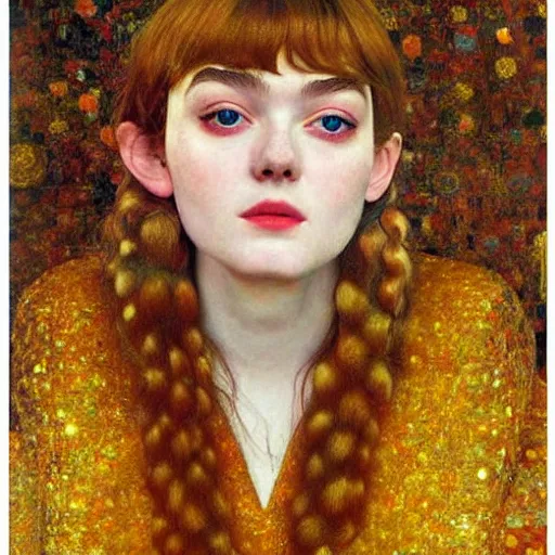 Prompt: a striking hyper real painting of Elle Fanning by Gustav Klimt