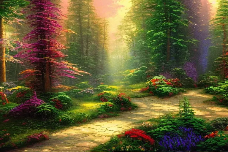Prompt: a beautiful painting of a forest in the style of thomas kinkade,