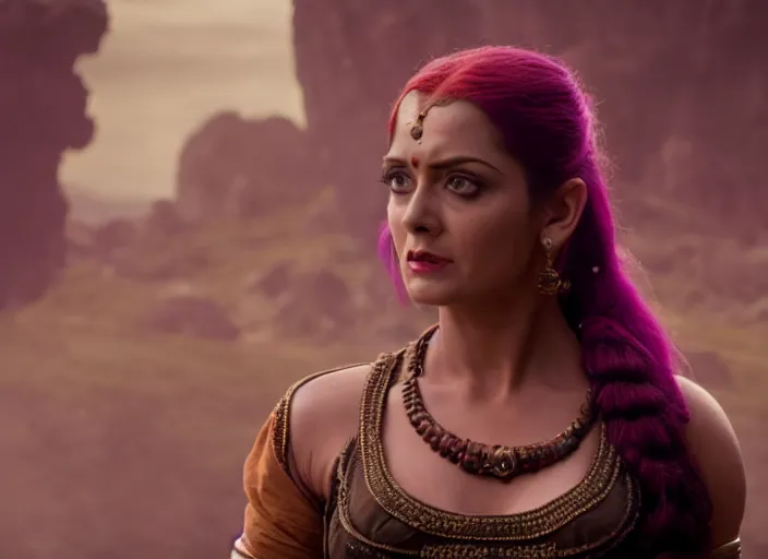 Image similar to film still of real life leela with ponytail in the new scifi movie, 4 k