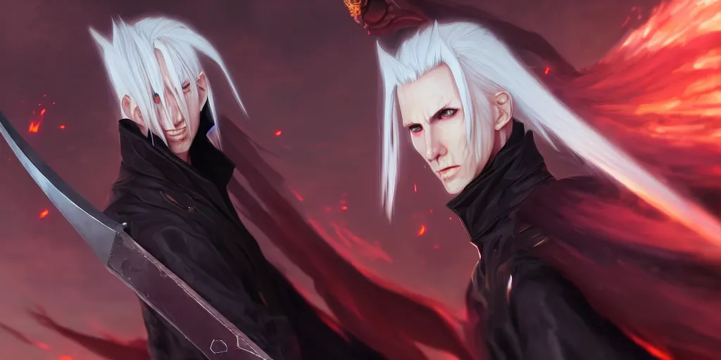 Image similar to digital art of a pale menacing Sephiroth with piercing eyes, gilded black uniform, he commands the fiery power of resonance and wrath, by WLOP, Artstation, CGsociety