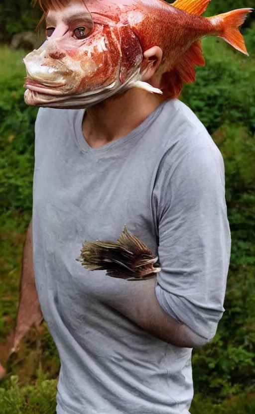 human with a realistic fish head instead of their head!