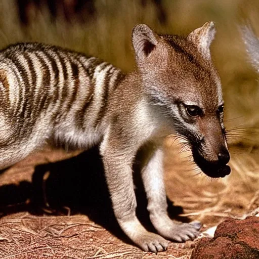 Prompt: small baby thylacine, ‘Tasmanian ((tiger))’, thylacine, detailed fur, long thin tail, long snout