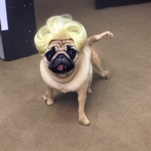 Image similar to pug with a blonde wig like dolly parton playing guitar