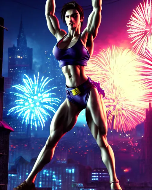 Image similar to gigachad jill valentine bodybuilder jumping in front of a fireworks show fighting in racoon city, fantasy character portrait, ultra realistic, anime key visual, full body concept art, intricate details, highly detailed by greg rutkowski, ilya kuvshinov, gaston bussiere, craig mullins, simon bisley