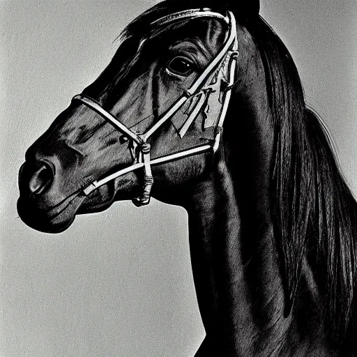 Image similar to painting of a glorious horse head, editorial fashion photography, black and white, by łempicka