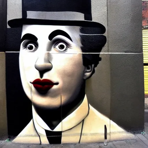 Prompt: Street-art portrait of Charlie Chaplin in style of Etam Cru