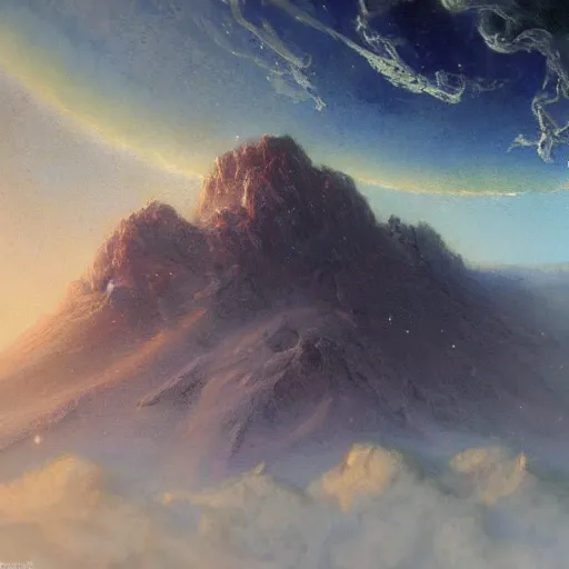 Image similar to UHD tonalism painting of Mount Olympus in orbit, by Antonio Caparo and Ferdinand Knab and Greg Rutkowski, Todd McFarlane concept art, tonalism illustration, detailed, UHD, photorealistic, trending on artstation, trending on deviantart