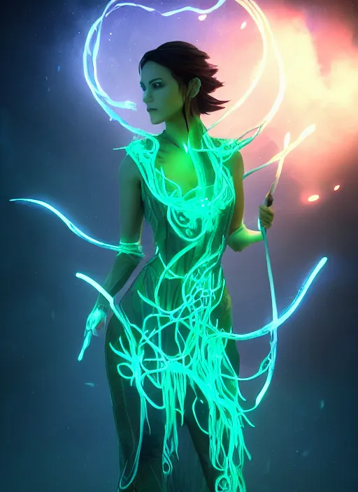 Prompt: high fantasy and sci - fi elvish rogue wearing a bioluminescent vine dress, surrounded by elvish glowing runes cinematic shot in the style of final fantasy, cinematic lighting, hyperdetailed, 8 k realistic, global illumination, mysterious light, dof, trending on artstation, digital art