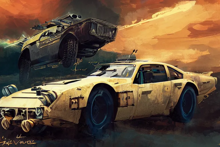 Image similar to digital illustration of mad max's yugo pursuit special, the last v 8 interceptor by makoto shinkai, ilya kuvshinov, lois van baarle, rossdraws, basquiat