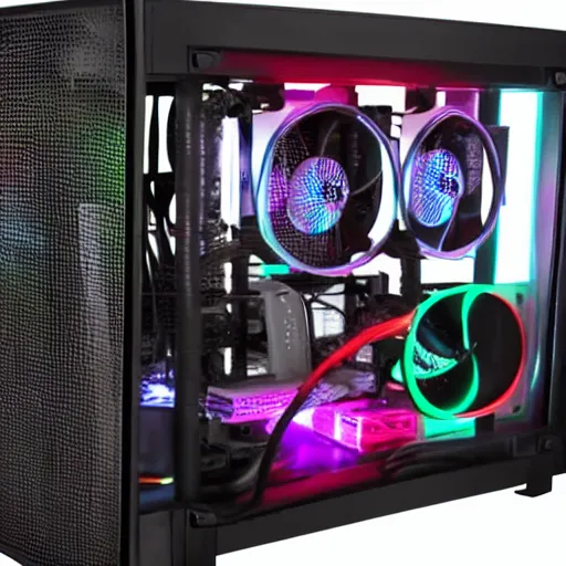Prompt: Gaming PC, dark background, fluorescent tubes, watercooling, ITX form factor